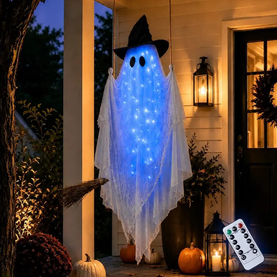 Halloween Ghost on Broom Swing Decorations for Outdoor Porch Tree Balcony