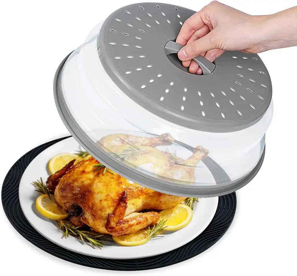 12" Microwave Splatter Cover & Mat, Large Vented Collapsible Splatter Guard Dish Plate Lid & Silicone Round Kitchen Mat for Food