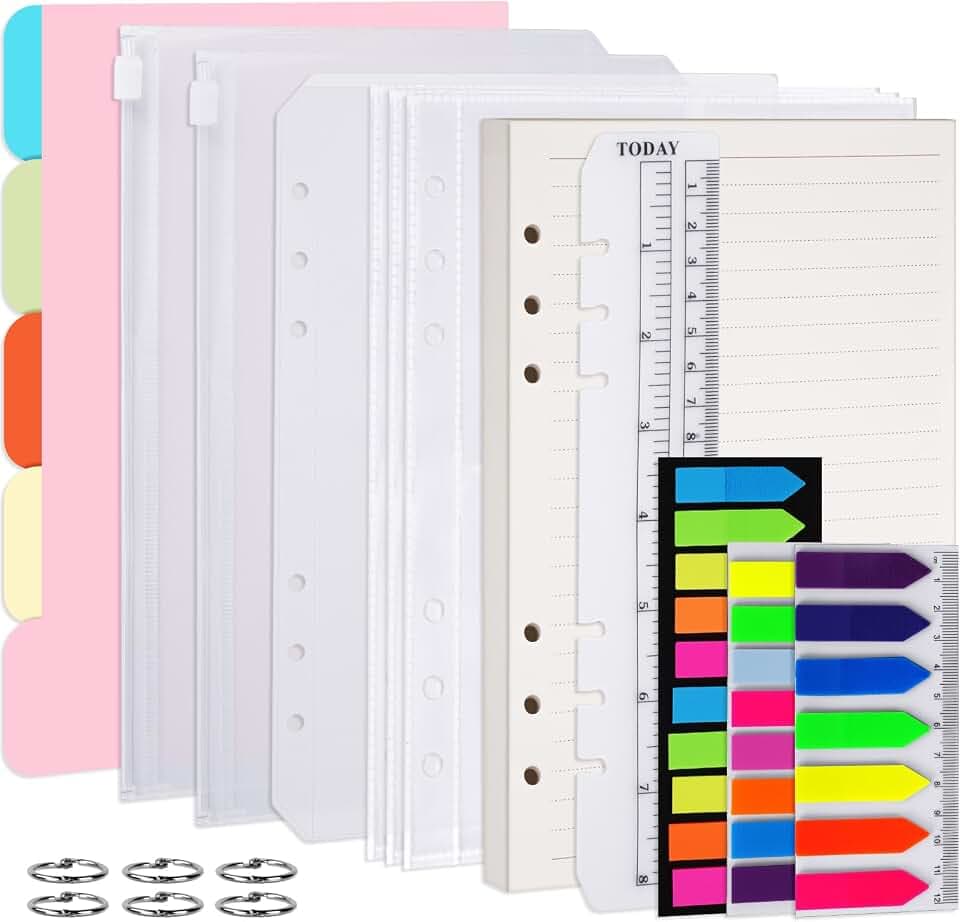 Vicloon A5 Nachfüllbare Notizpapier Set, 115pcs 6 Löcher Ringbuch Nachfüllbar A5 Nachfüllpapier Liniert, Loseblatt Papier Set mit Trennblätter, Haftnotizen Bunt, Umschlägbeutel, Lineal, Metallringe