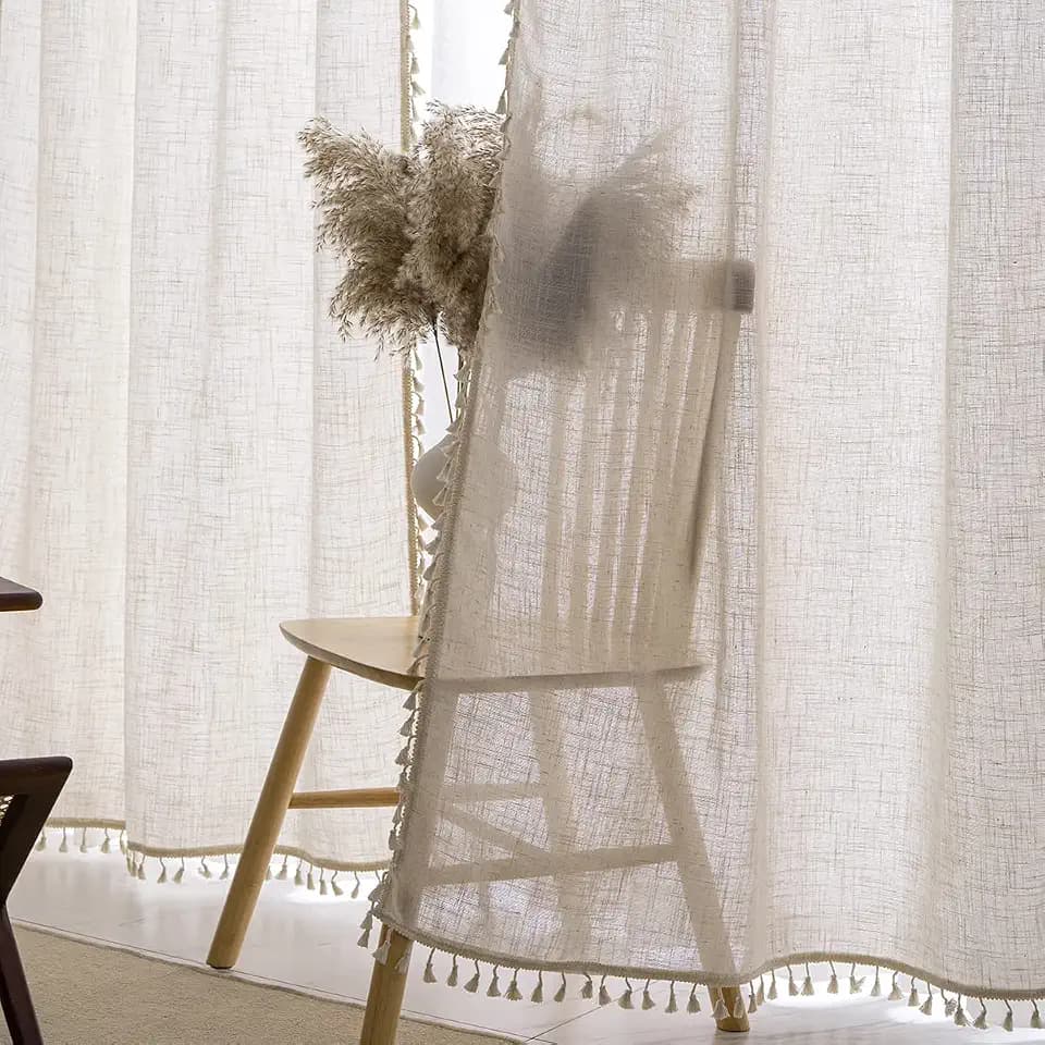 2 Stück Natürliches Leinen Mischgewebe Bauernhaus Landhausstil Vorhänge für Schlafzimmer Wohnzimmer (H175 x B140 cm, Natur)