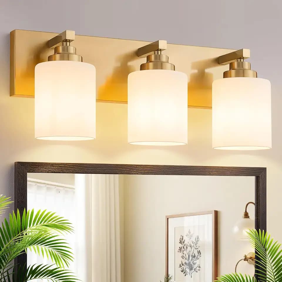 Vanity Lights for Bathroom, 3-Light Brushed Gold Bathroom Vanity Light Over Mirror with Milky White Glass Shades, Modern Bathroom Light Fixtures for Living Room Hallway Cabinet (Bulbs Not Included)