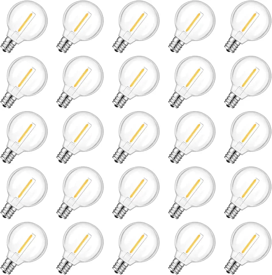 GvvooHome 25 Pack G40 LED Replacement Light Bulbs, Waterproof Clear Globe Light Bulb E12 Screw Base for Outdoor String Lights, Patio Cafe Décor, Dimmable, Warm White