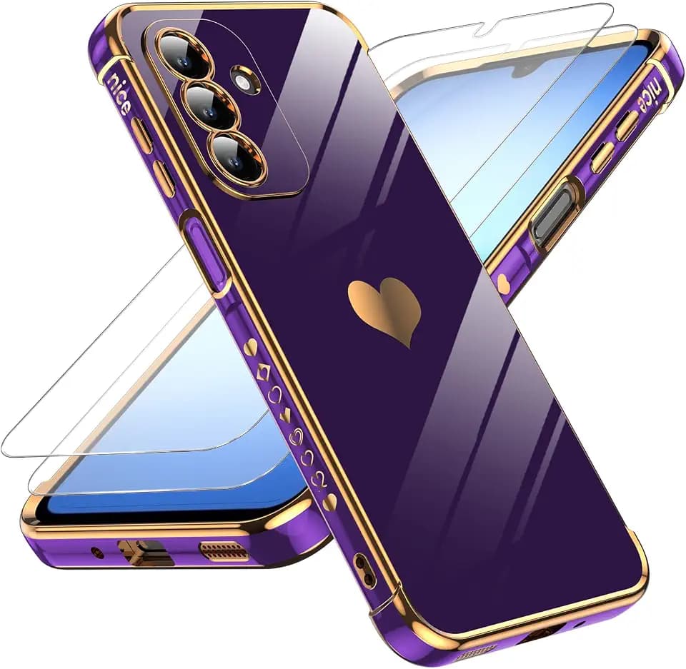 LeYi for Samsung Galaxy A17-5G Case: with Tempered Glass Screen Protector [2 Pcs]+ Full Camera Lens Protection,Love Heart Plating Girly Cute Luxury Soft TPU Shockproof Case for A17 5G,Dark Purple