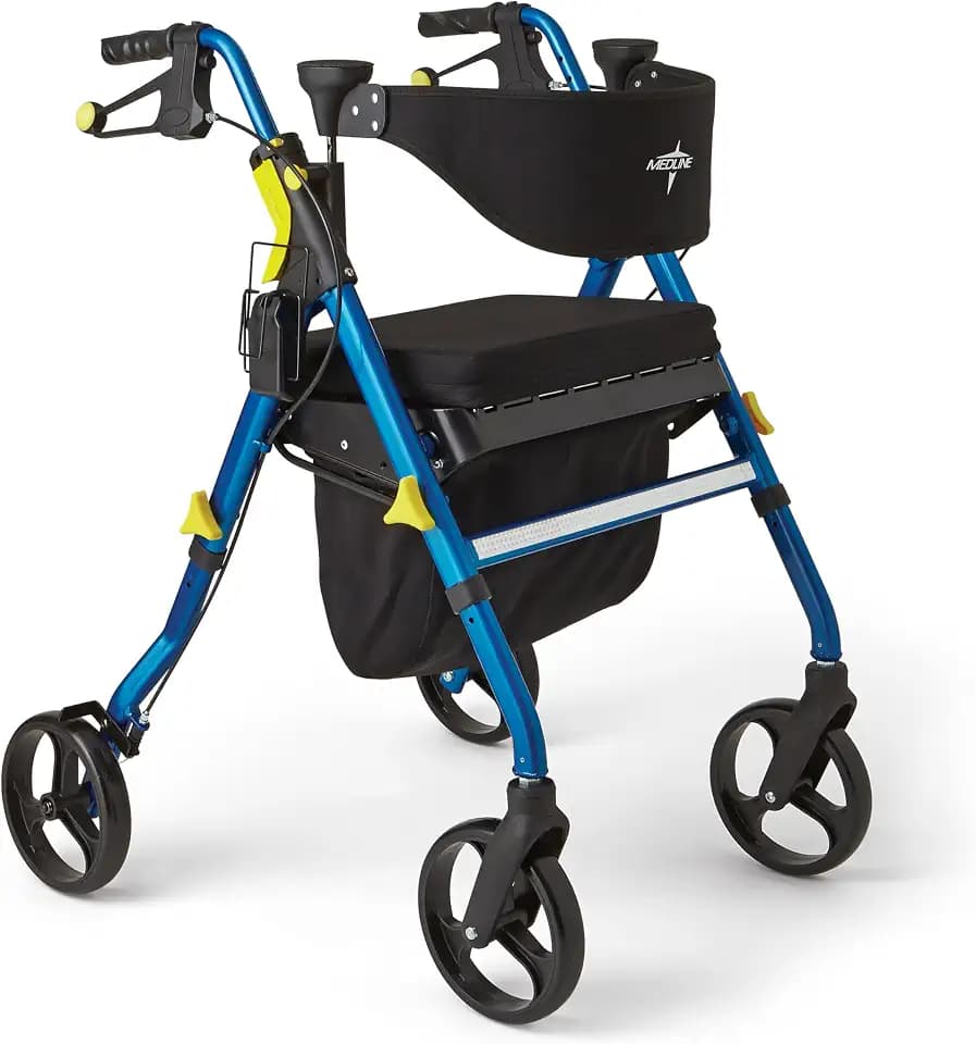 Medline Premium Empower Folding Mobility Rollator Walker with Memory Foam Seat, Black & Blue, 300 lb. Weight Capacity, 8” Wheels, Cupholder, Rolling Walker for Mobility Impairment, Adjustable Handles