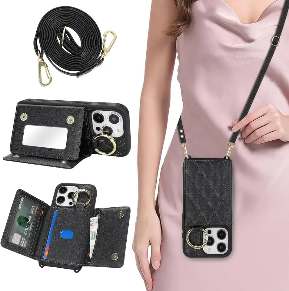 for iPhone 15 Pro Case with Card Holder and Strap, Black