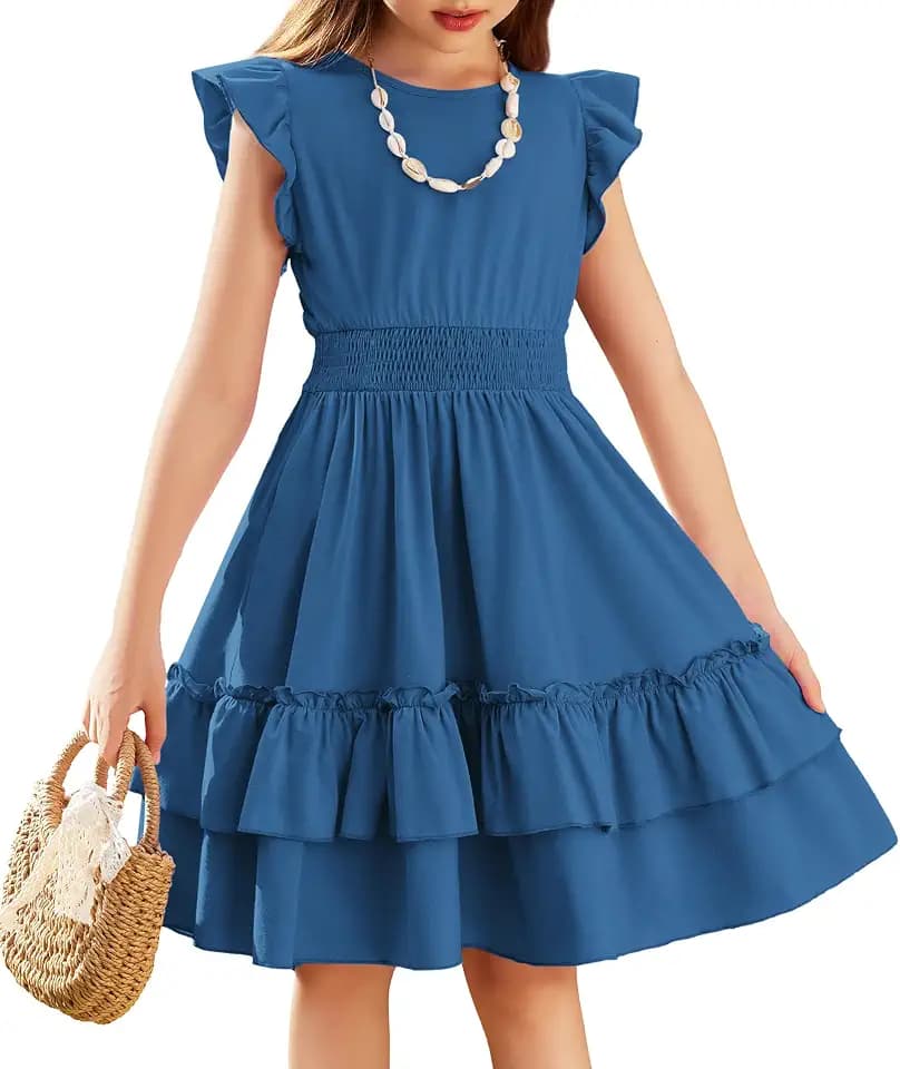 Arshiner Girls Dresses Flutter Sleeve A-Line Sundress Casual Summer Tiered Swing Midi Pocket Dress