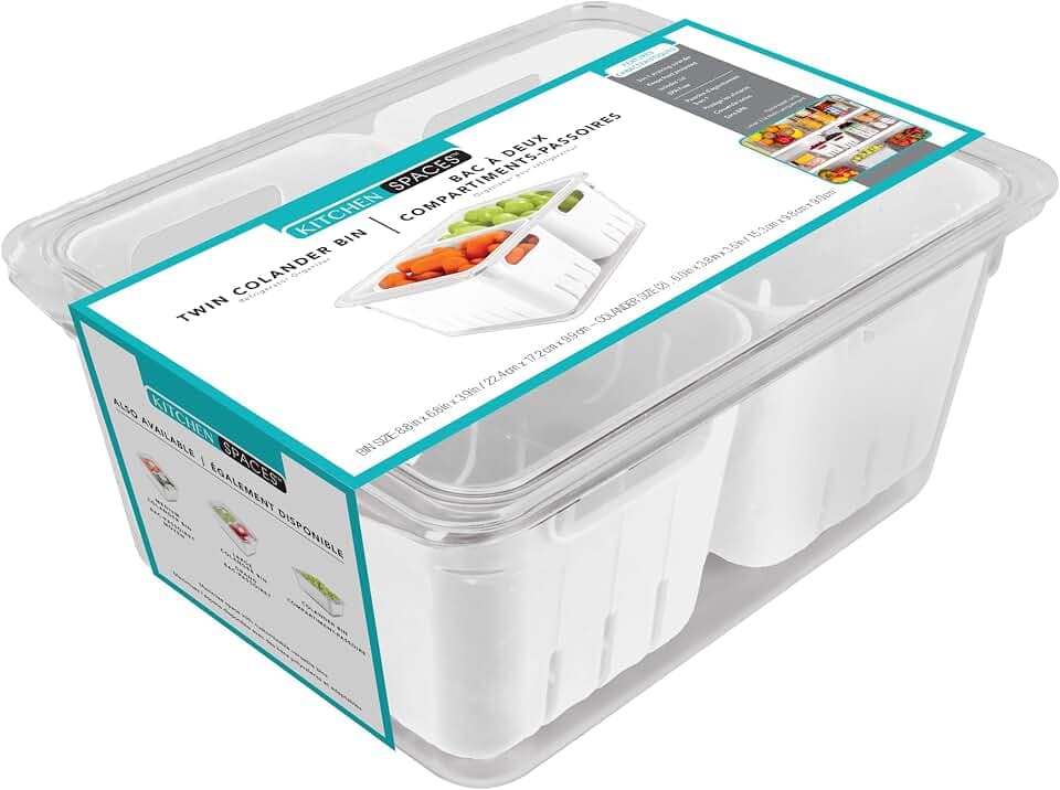 Kitchen Spaces Twin Colander Stackable Food Storage Organizer for Fridge, Freezer, and Pantry, 8.8" x 6.8" x 3.9", Blue