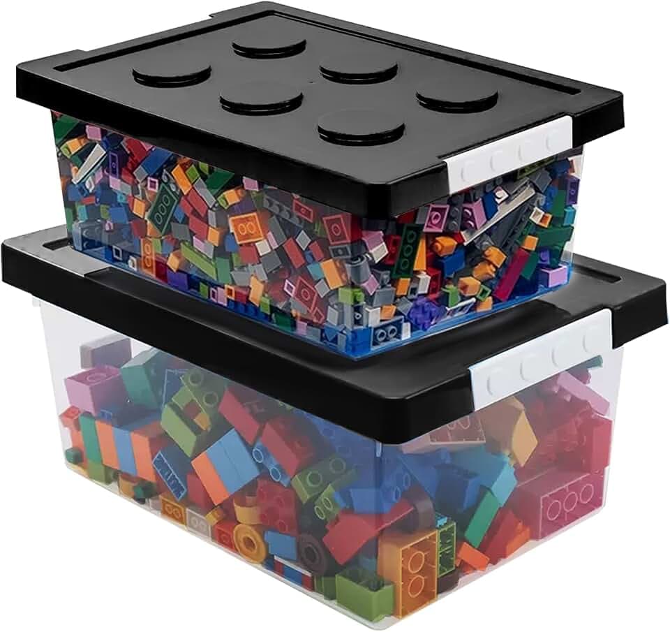 Plastic Storage Bins with Lids - Stackable Toy Storage Organizer Box Set of 2, Toy Chests with Compatible Building Baseplate and Lid, Storage Container for Building Bricks & Toys- Black