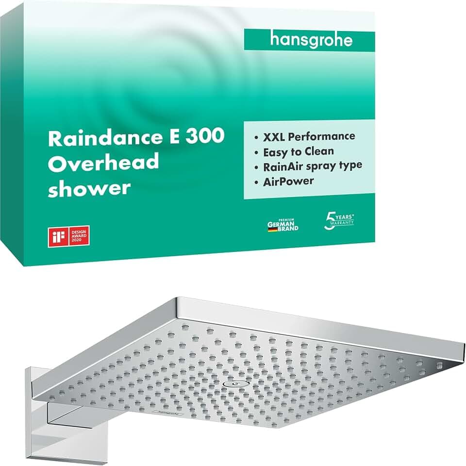 hansgrohe Raindance E - Kopfbrause mit Brausearm, eckige Duschbrause (300 mm), Regendusche mit 1 Strahlart für Wandmontage, Brausekopf mit Antikalk-Funktion, Chrom, 26238000
