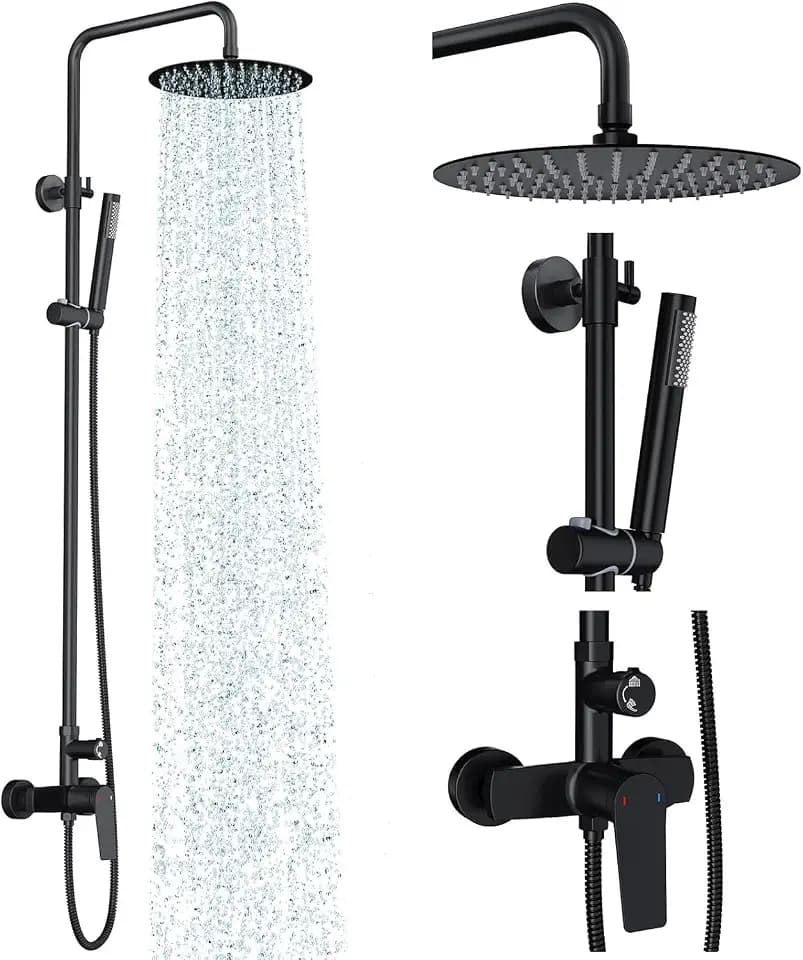 Rainsworth Outdoor Shower Kit, Single Handle Brass Valve, 8 Inch, Black