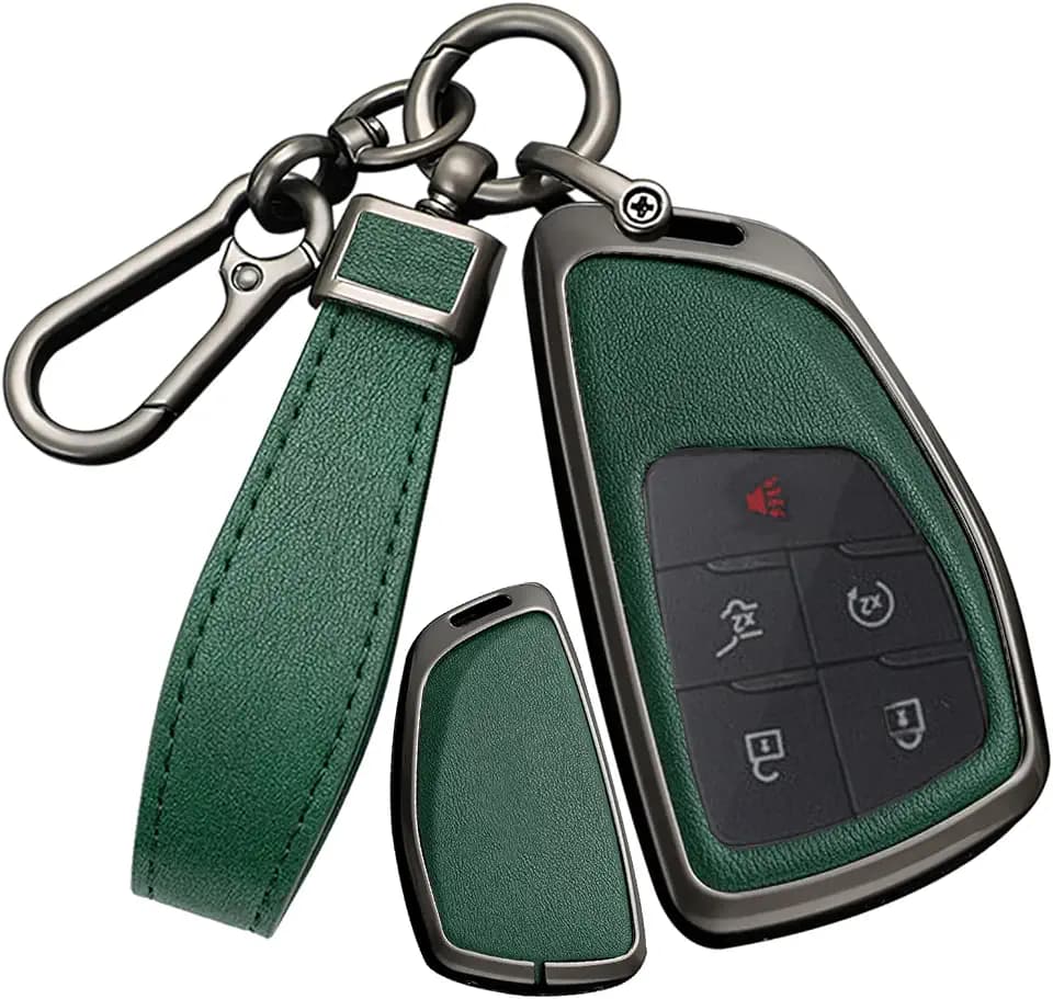 SANRILY PU Leather 3/4/5/6 Button Smart Key Fob Cover for Buick Envision Avenir 2024, Chevy Suburban Tahoe, GMC Yukon Denali Sierra Silverado Keyless With Keychain Black-Green