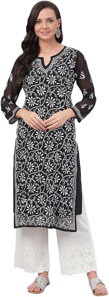 Ada Women's Hand Embroidered Traditional Indian Chikankari Georgette Kurta/Kurti with Slip A100345