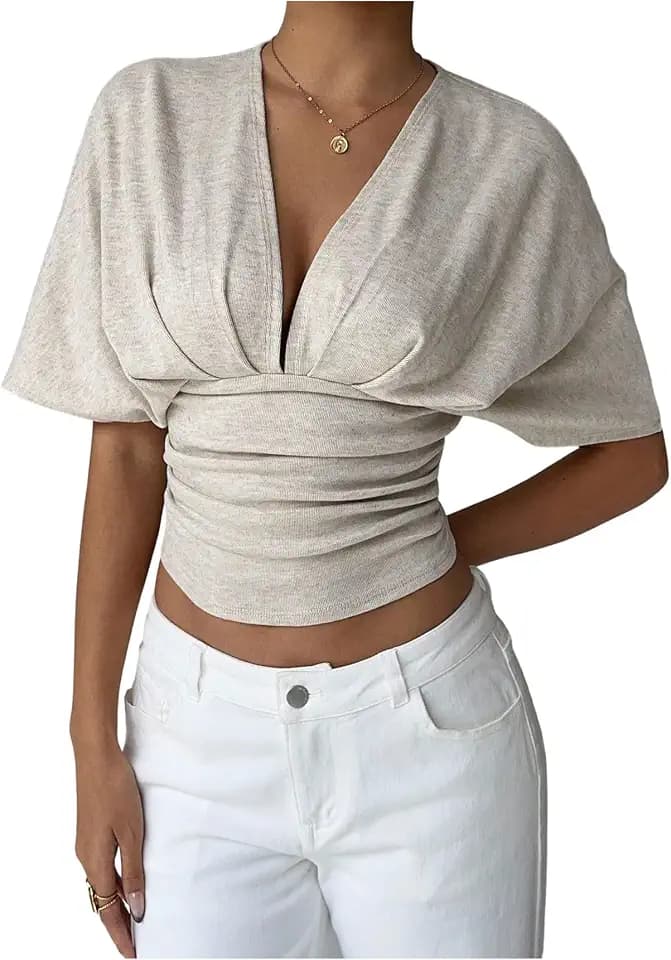 MakeMeChic Women's Deep V Neck Tops Cinched Waist Going Out Tops