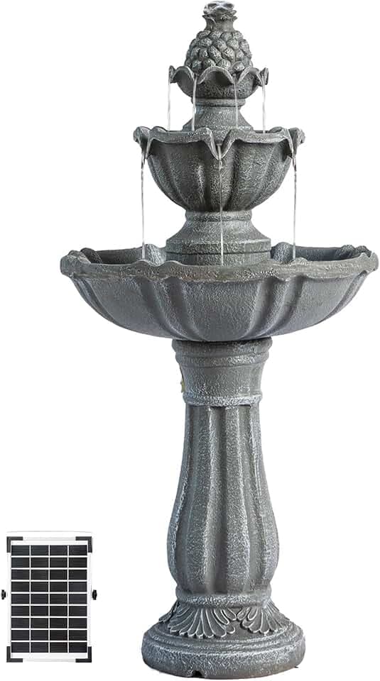 XBrand 36.2" Solar Water Fountain Outdoor, 2-Tier Freestanding Garden Fountain with Solar Panel Pump, Resin Birdbath Fountain for Patio, Yard, Lawn & Porch Decor, Gray