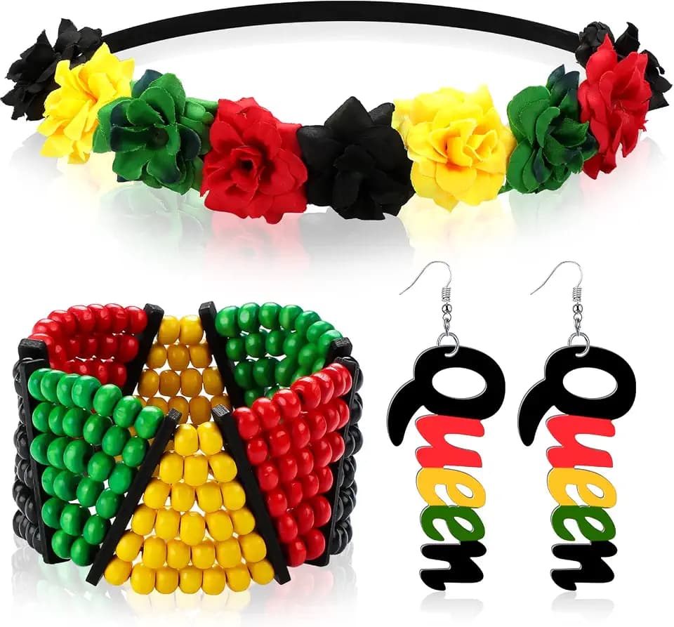 Hanaive 3 Pcs Jamaica African Jewelry Sets for Women,Black History Outfits for Women,Rasta Beaded Bracelet, Flower Crown Headband, Queen Dangle Earring in Rasta Color, Rastafari Pride Accessories