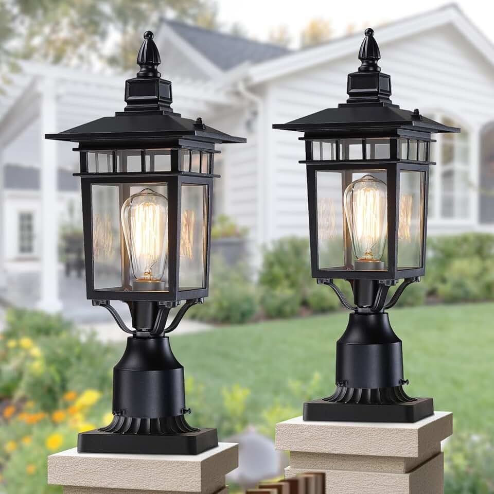 17.6'' Outdoor Post Light 2 Packs, Black Aluminum Hardwired Pole Lantern