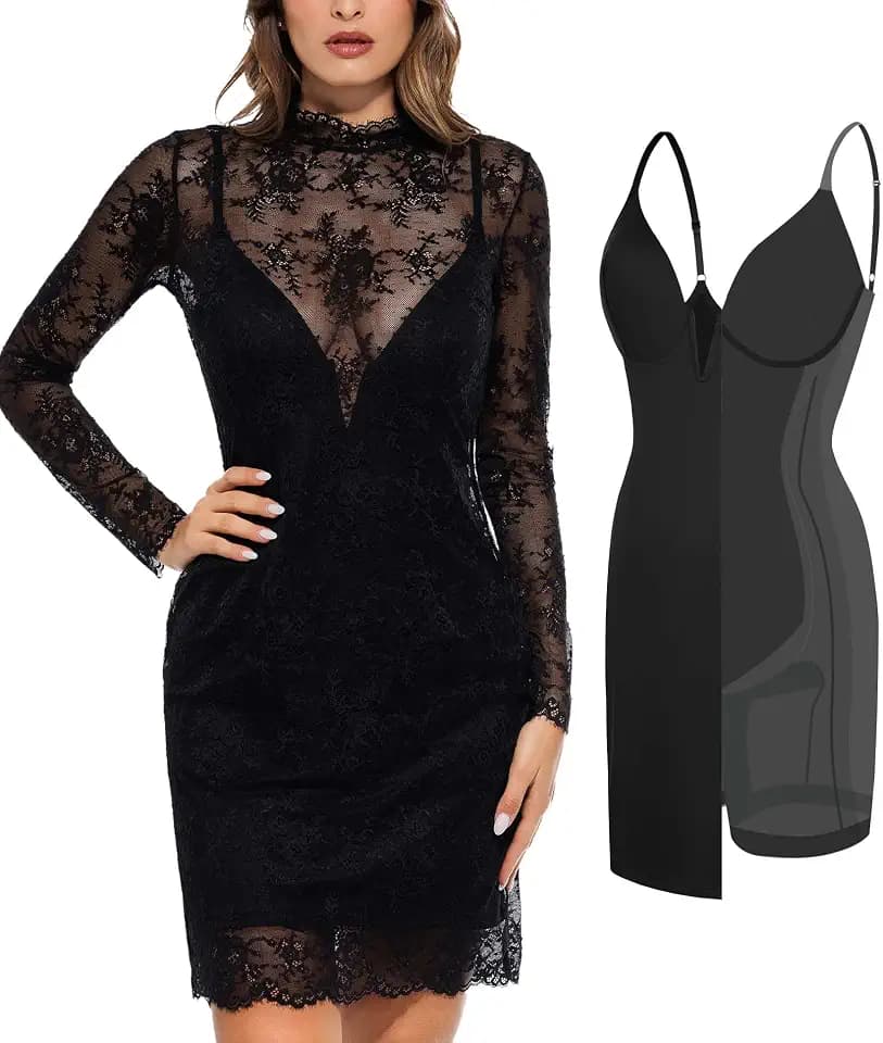Popilush Lace Long Sleeve Formal Wedding Guest Shapewear Dress