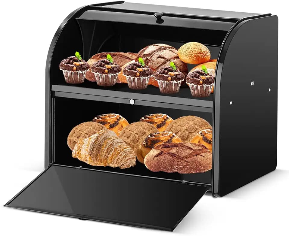 Edelstahl Brotkasten 2 Etagen mit Rolltop Deckel, extragroßer Brotbox Schwarz, Metall Brotbehälter bereits montiert, 40x24x32 cm Küchenaufbewahrung, geeignet für Gebäck und Kekse, Schwarz