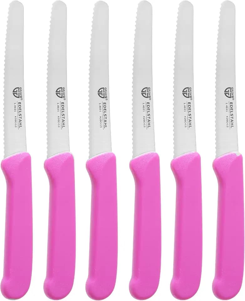 GRÄWE Brötchenmesser 6er Set, Frühstücksmesser mit Wellenschliff, Pink