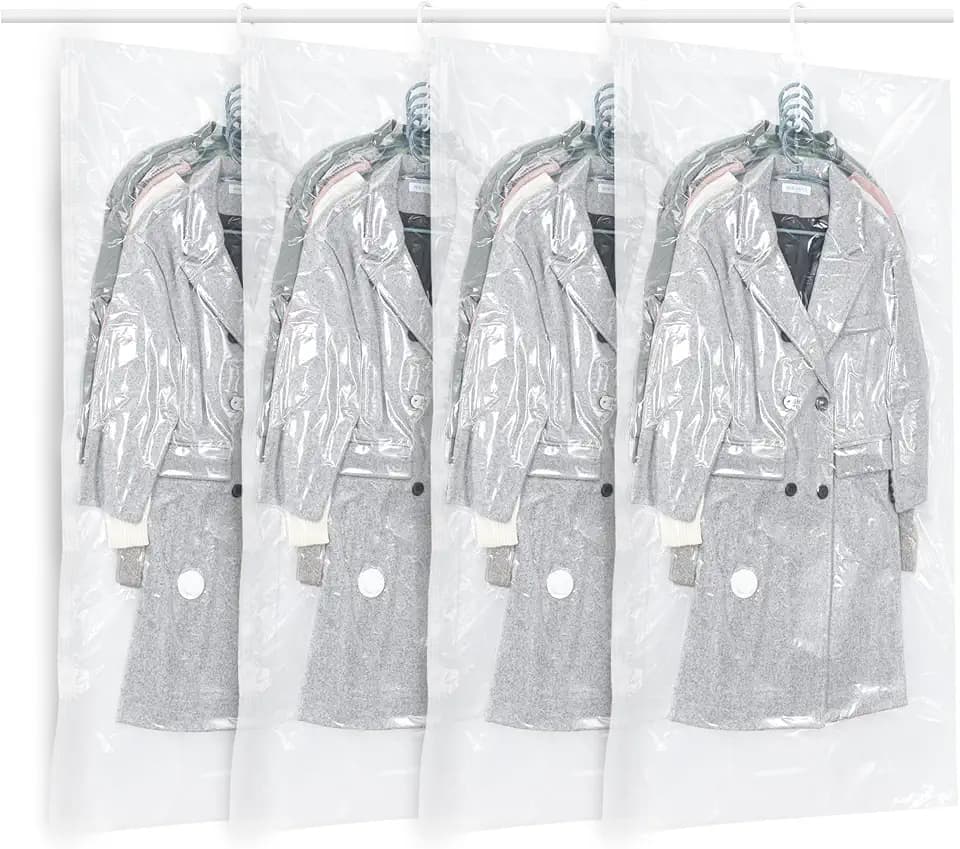 Vakuumbeutel zum Aufhängen, Weiß 145 x 70 cm platzsparende Vakuumbeutel für Kleidung, Anzüge, Kleider, Mäntel oder Jacken, transparenter und wiederverwendbarer Schrank-Organizer mit 4 Stück