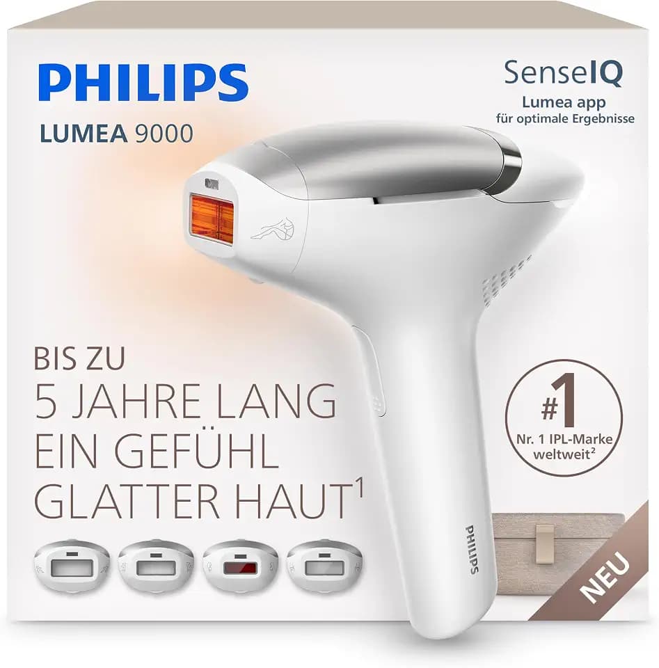 Philips Lumea 9000 IPL-Haarentfernungsgerät - Bis zu 5 Jahre lang ein Gefühl glatter Haut¹, Anwendung zu Hause, 4 Aufsätze: Körper, Gesicht, Bikinizone, Achseln, BRI983/00