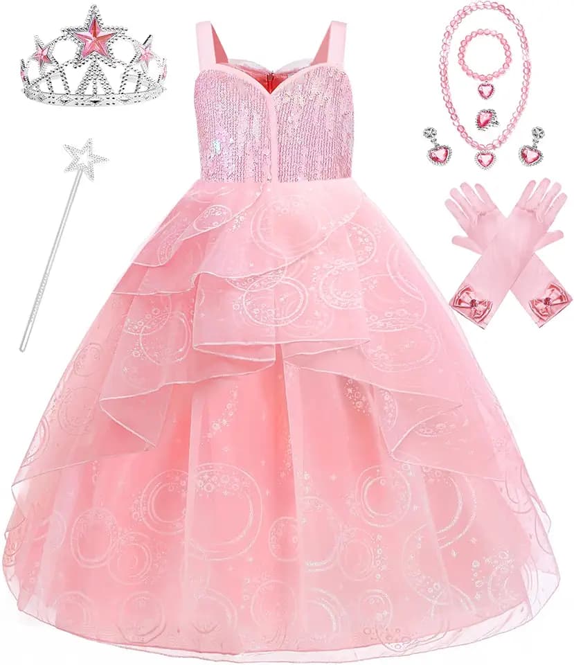 Girls Wicked Glinda Dress Costume, Pink Tulle Sequin Witch Princess Dresses