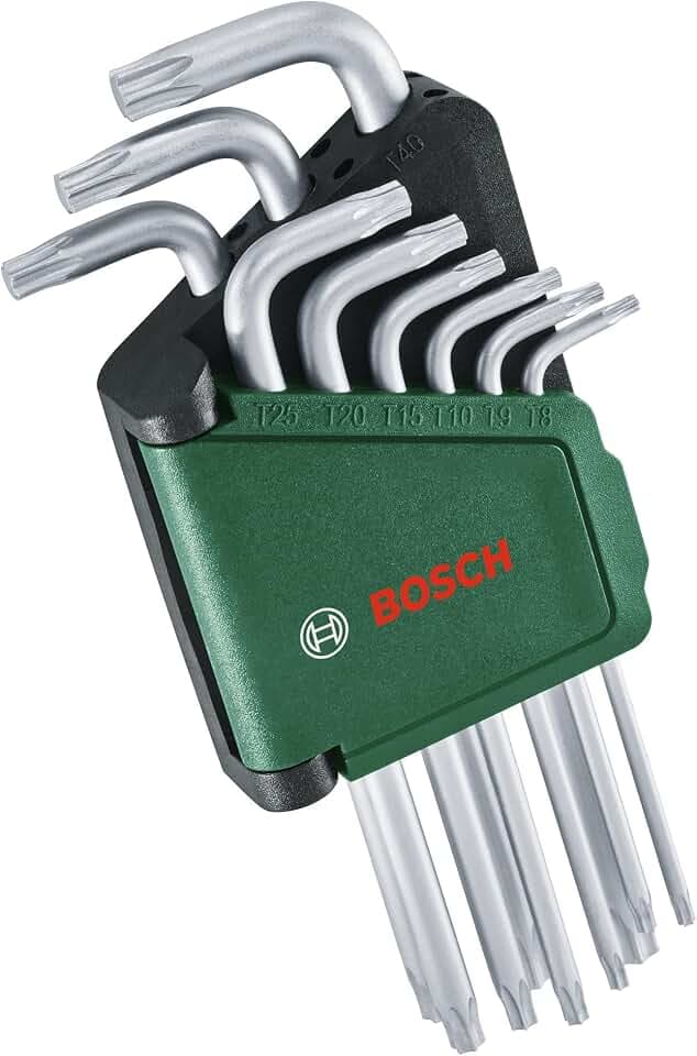 Bosch Torx-Schlüssel Satz 9-teilig (Multifunktionale Torx-Schlüssel aus S2-Stahl; TX8-TX40; Langer Schaft; Rostgeschützte Oberfläche, Aufbewahrungsclip)