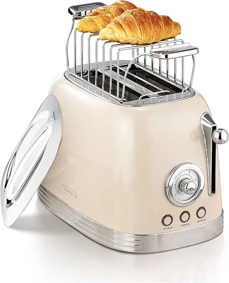 Wiltal Toaster 2 Scheiben Retro mit Brötchenaufsatz, Cremeweiß