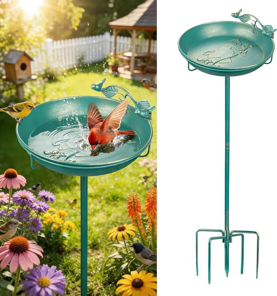 Mellbree Vogeltränke Stehend, Großes Vogelbad mit Sitzstange, Multifunktional für Garten, Metall Vogeltränke in Seeblau mit Goldverzierung – lockt zahlreiche Vogelarten an. (30cm)