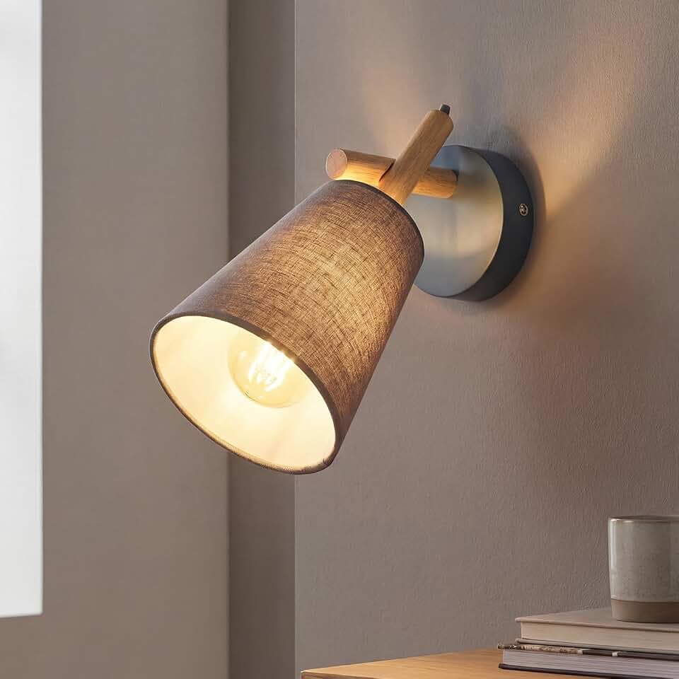 Licht-Erlebnisse Wandleuchte Skandinavisches Design Grau Holz Stoffschirm Trichter E27 Flurlampe Wandlampe