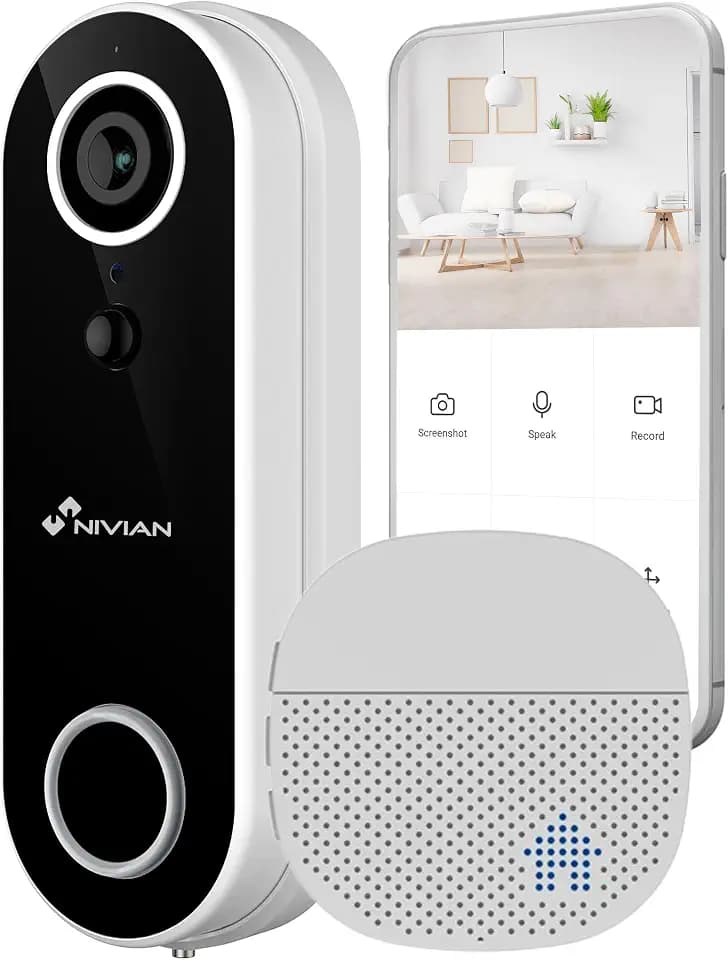 NIVIAN Intelligente WLAN-Türklingel mit Full-HD-Kamera, bidirektionales Audio, Bewegungserkennung, Nachtsicht, wiederaufladbarer Akku, kompatibel mit App Tuya, Alexa und Google