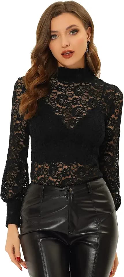 Allegra K Women's Lace Top Long Sleeve Smocked Mock Neck See Through Sheer Top Blouse