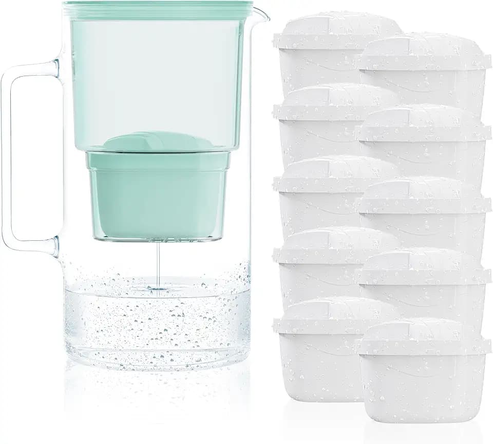 Wessper Wasserfilter Kanne Glass 3 liter, Karaffe mit 10 filter - Minze