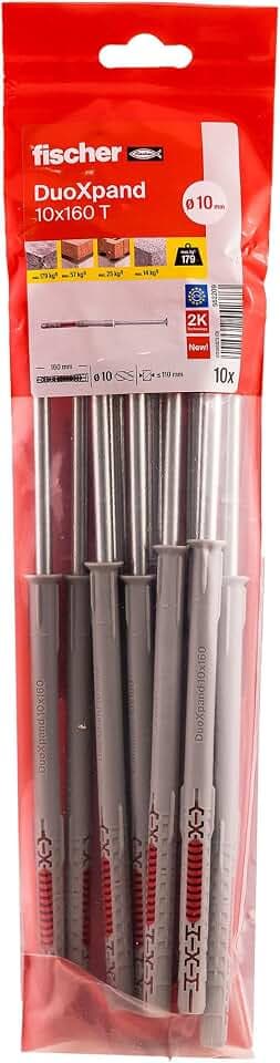 fischer DuoXpand 10 x 160 T, hochwertiger Universaldübel mit verzinkter Senkkopfschraube (10 Stk.), Dübel für starken Halt, ideal für poröse Baustoffe & randnahe Verankerungen im Innenbereich