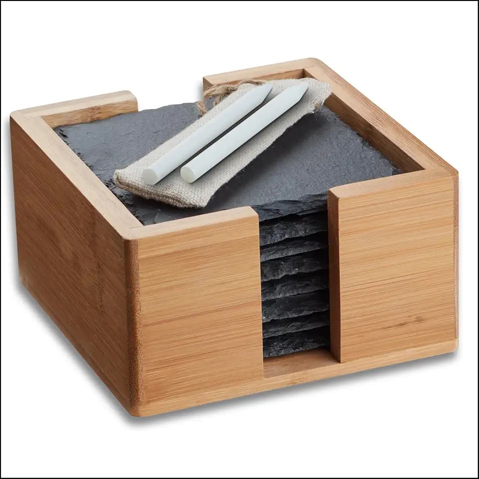 Schiefer Untersetzer Set - 8 Glasuntersetzer eckig mit Halter - Schieferplatte 10x10 cm schwarz für Deko, Raclette, Kerzen, Getränke