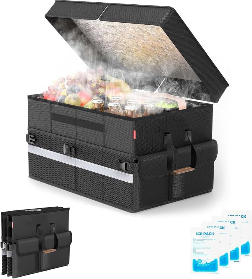 Cooler Bag – Soft Travel Cooler Holds 45 Cans, Stays Cold for 8H & Warm for 7H – Portable Car Trunk Organizer for Camping, Beach, Picnic-Black