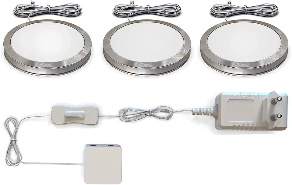 B.K.Licht - 3er Set Unterbauleuchte mit Kabelschalter, warmweiße Lichtfarbe, je 1,8W, Unterbaulampe Küche, LED Lichtleiste Küche, Schrankbeleuchtung, LED Lampe, 5,9x0,95 cm, Aluminiumfarbig