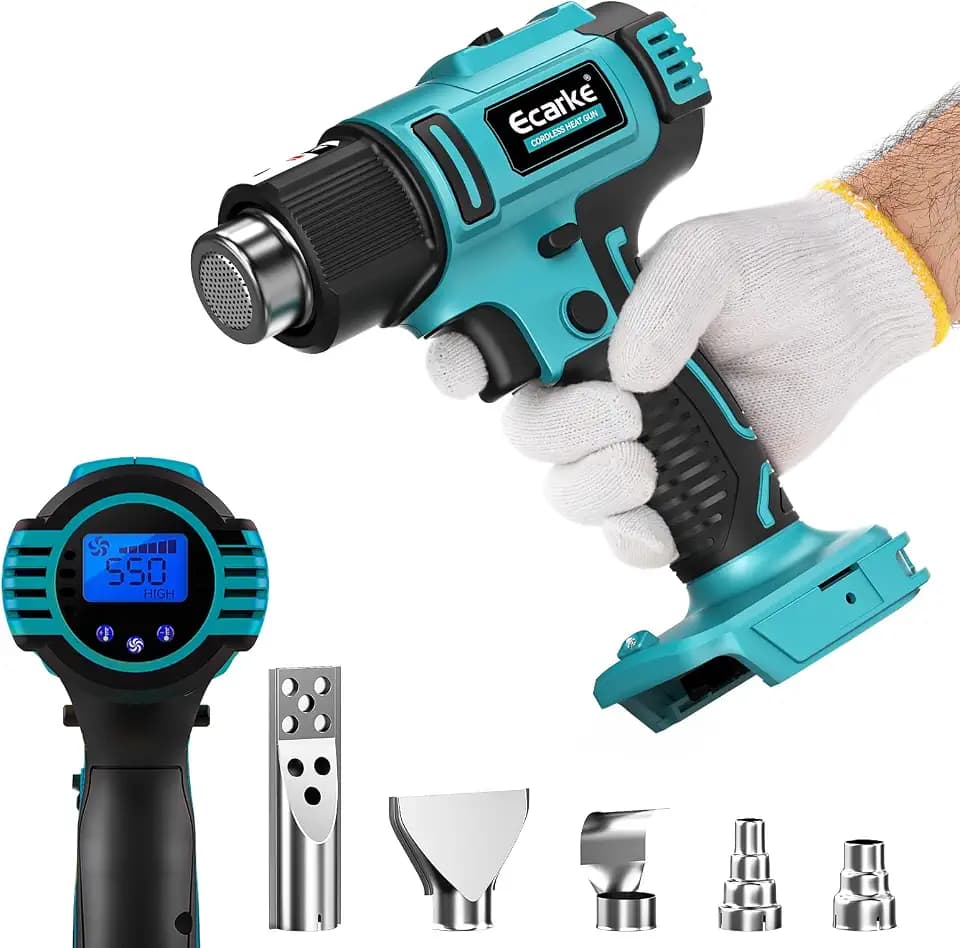 Ecarke Akku-Heißluftpistole kompatibel mit Makita 18V, 350W Heißluftfön 50-550°C Einstellbare Temperatur mit LCD-Display und 5 Düsen Heissluftpistole für Schrumpfen, Heizen, Schweißen (ohne Akku)