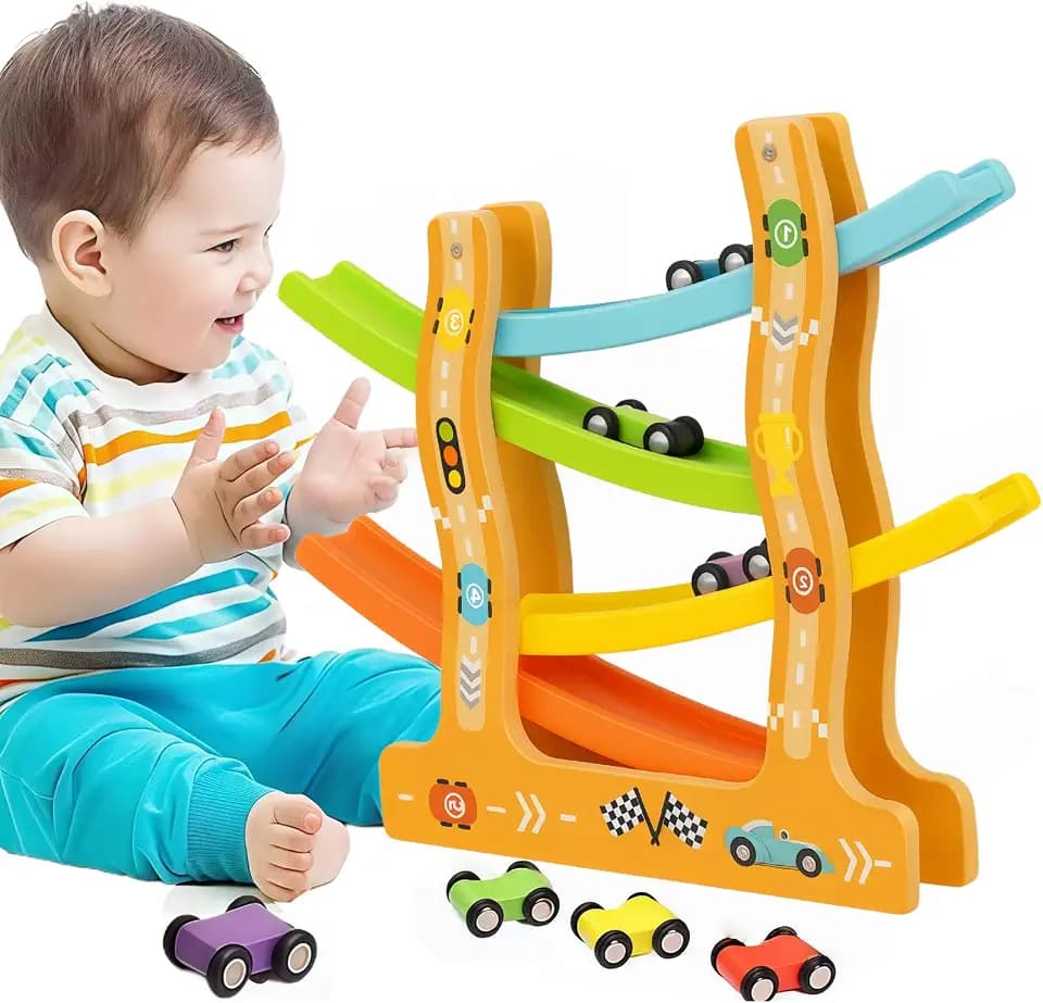 Kugelbahn Holz mit 6 Autos, Montessori Spielzeug Motorikspielzeug ab 1 Jahr