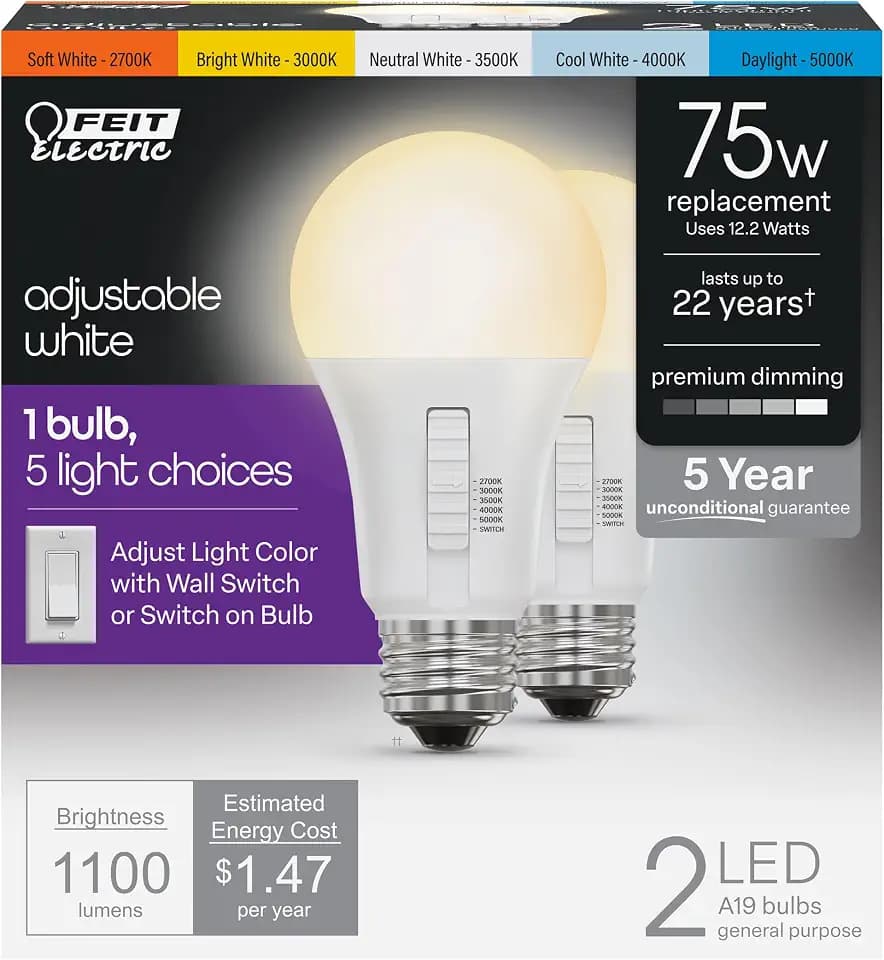 Feit Electric LED Light Bulbs - A19 75W Eq. Dimmable 5CCT + Switch - 2 Pack