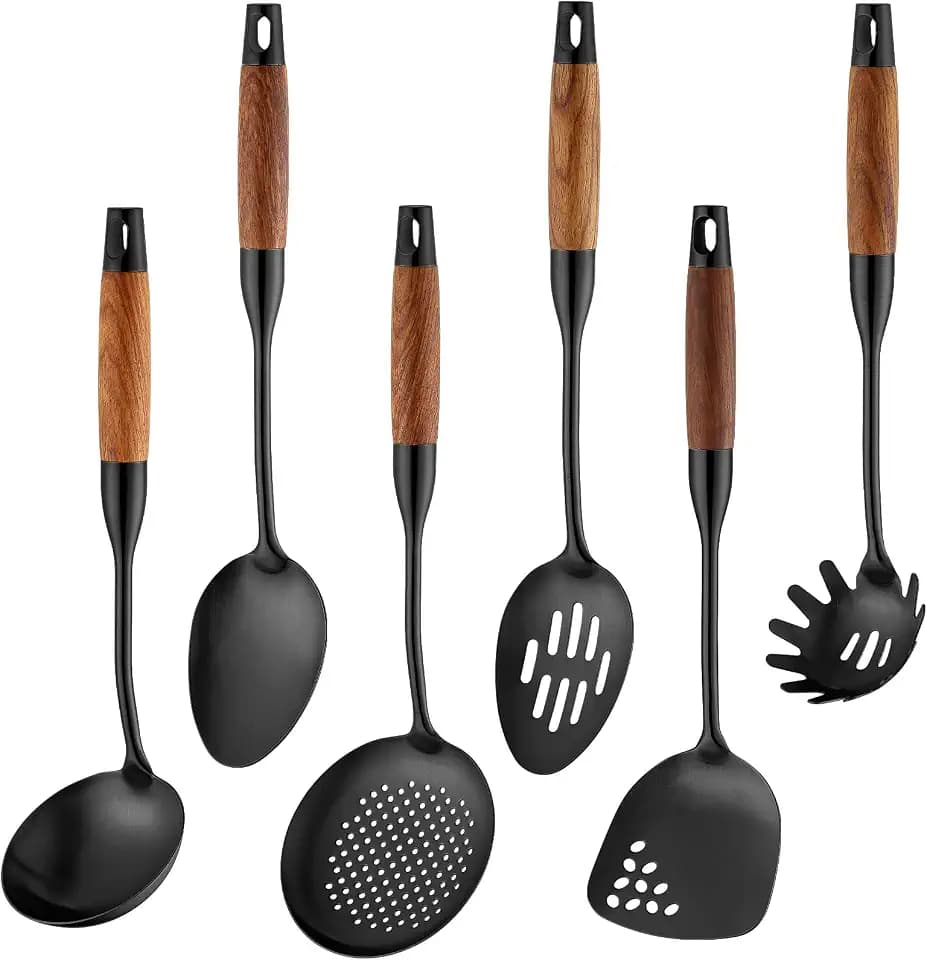 Izurok 18/10 Stainless Steel Kitchen Utensils Set,6 Piece Cooking Utensils With Wood Handle,Heat Resistant Kitchen Tool Set With Spatula, Spoon, Ladle, Skimmer, Slotted Spoon, Pasta