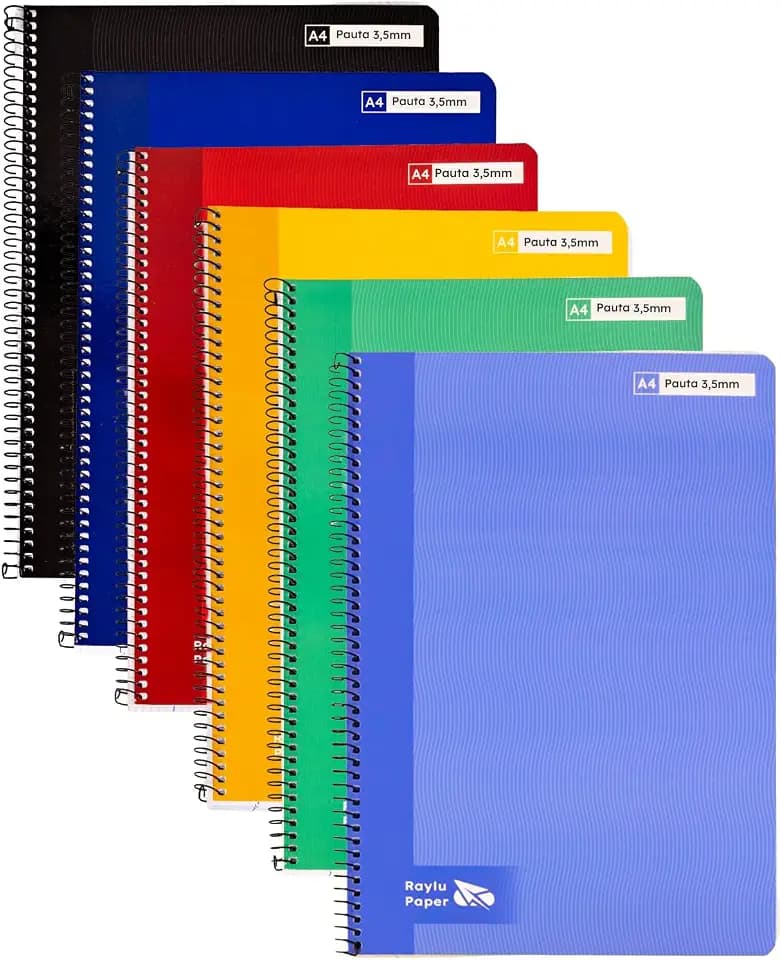 RAYLU PAPER - Packung mit 6 Notizbüchern mit Spiralbindung, 80 Blatt, 70 g, bunte Notizbücher für Schule, Büro, Notizen und Studium (3,5 mm, A4)