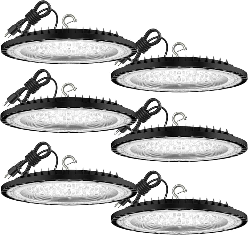 6 Pack UFO 200W LED High Bay Light,5000K,28,000LM, 5 ft Cable with US Plug UL Certified Plug, IP65 Commercial Warehouse Area Light for Wet Location Area, Workshop, Garage