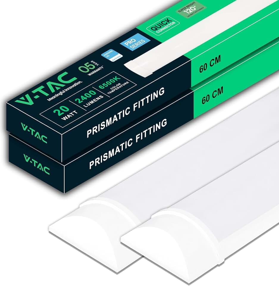 V-TAC 2x Feuchtraumleuchte LED 60 CM - 20W - Samsung Chip - Rechteckige Lampe 2400 Lumen IP20 für Wand, Garage, Shop - LED Röhre - Prismatische Deckenleuchte LED - Licht 6400K Kaltweiß