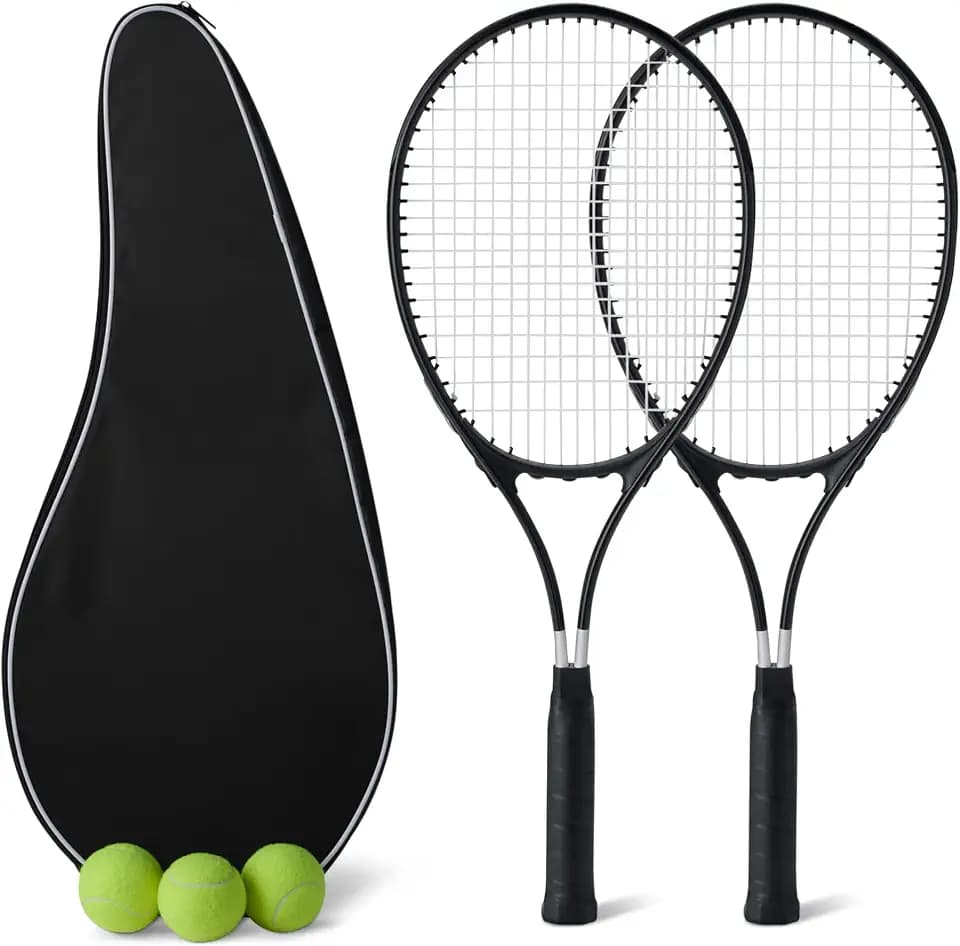 Amazon Basics Tennisschläger-Set, 2 Schläger 68,5cm, 3 Bälle, 2 Übergriffbänder, Leicht, für Erwachsene Anfänger, Schwarz