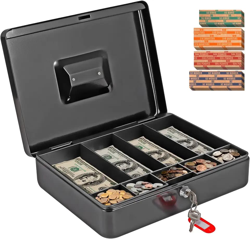 Cash Box with Money Tray and Lock, Metal Locking Cash Black