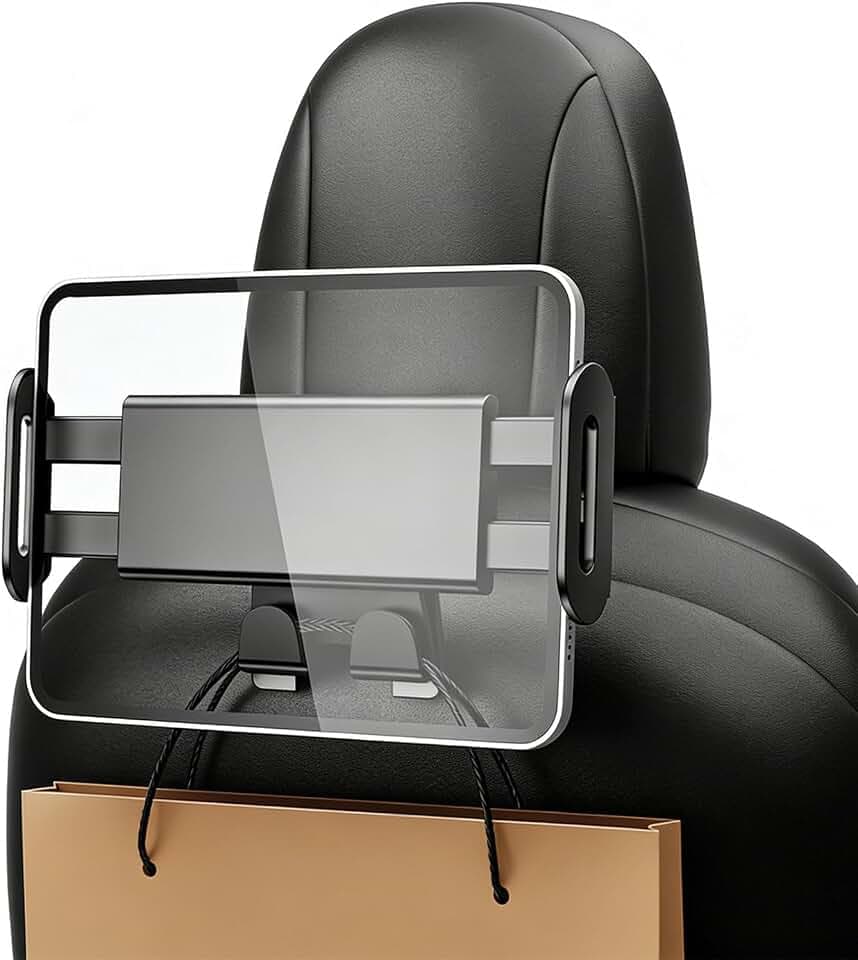 Back Seat Tablet Mount for Tesla Model Y(Juniper) & Model 3(Highland), 2026 Upgraded 360° Adjustable Backseat Tablet Holder Phone Holder with 2 Hooks for Kids, Fits 4.7-12.9" Devices (Black)