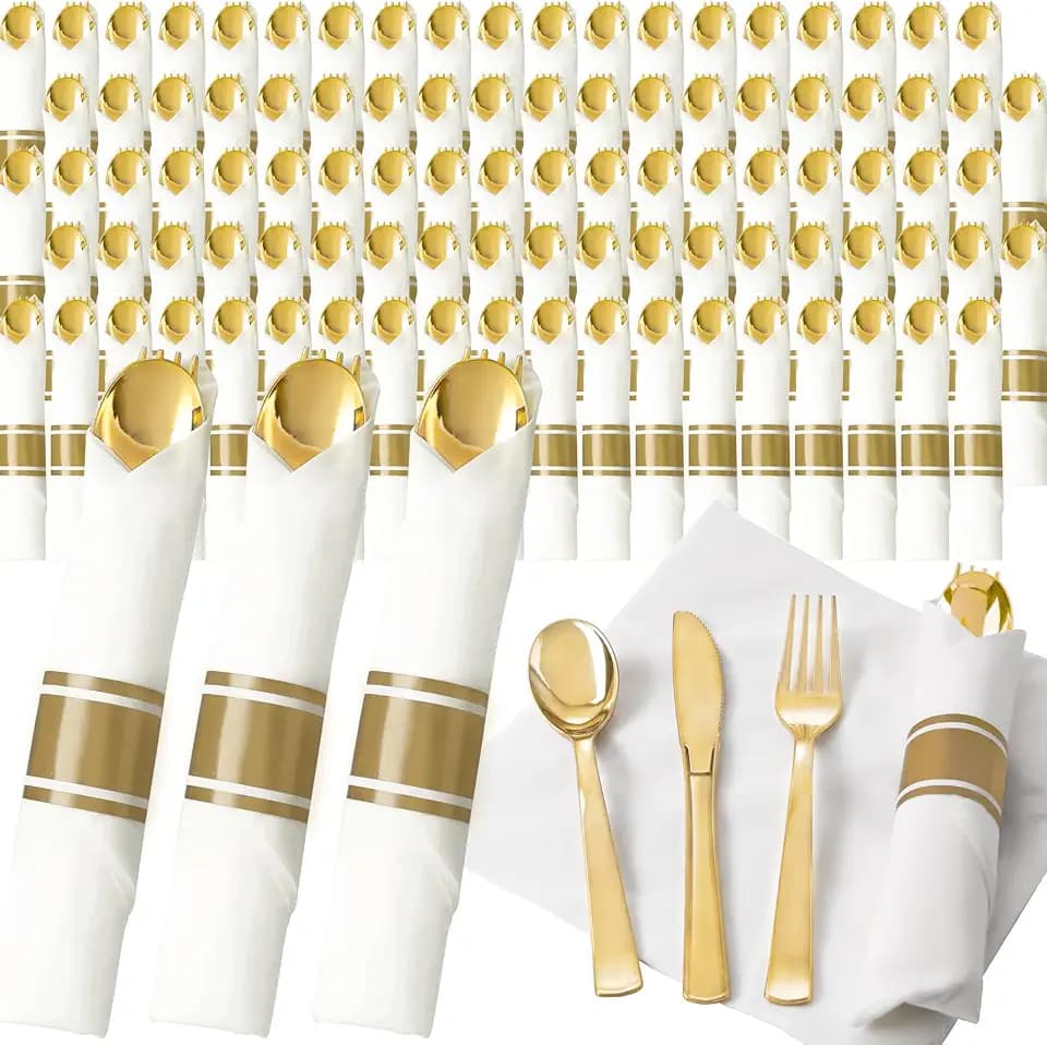 200 Pack Pre Rolled Gold Silverware Set Disposable for Wedding