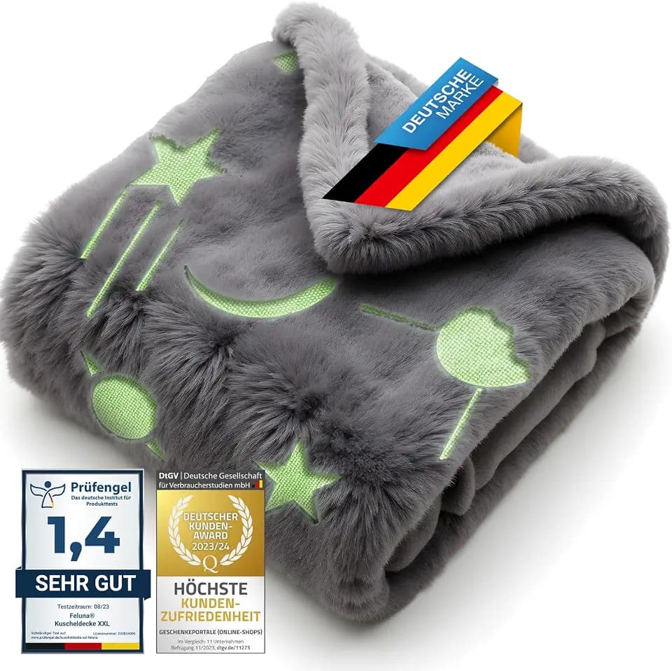 Feluna® Kuscheldecke Kinder 150x200cm grau, leuchtet im Dunkeln, Sterne