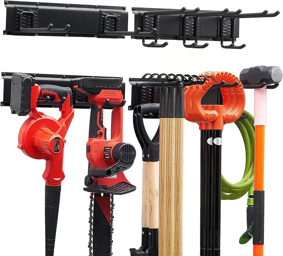 VEVOR Garage Tool Organizer 33 Inch 400 lbs Wall Mount Garden Tool Rack, Heavy Duty Garage Hanging Storage Rack Organization with 2 Rails and 5 Adjustable Hooks, for Yard Tools, Shovel, Rake, Shed